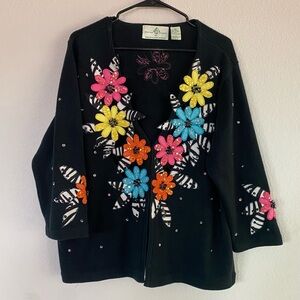 Vintage Design Options Colorful Embroidered Sequence Black Cardigan‎ Sweater XXL